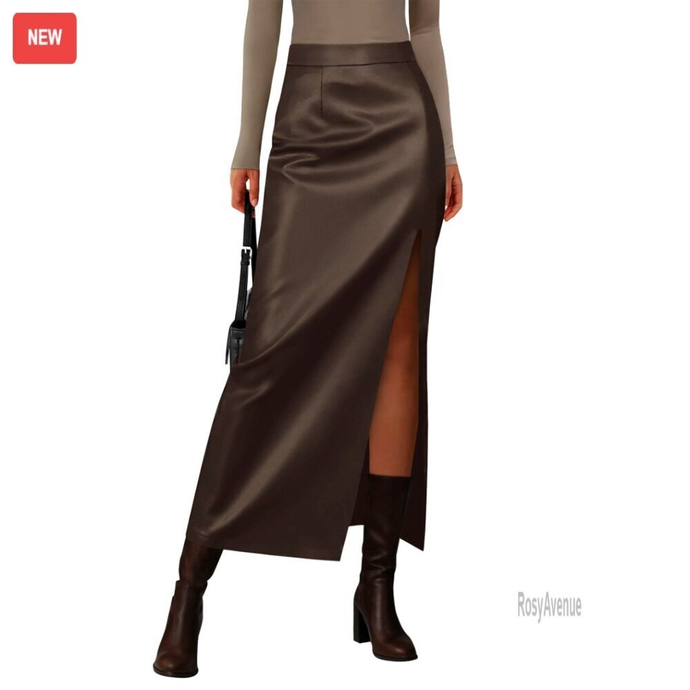 Faux Leather Maxi Pencil Skirt High Waisted Side Slit Work Office Winter